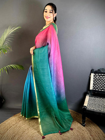 Multicolor Ombre Linen Silk Saree with Golden Border