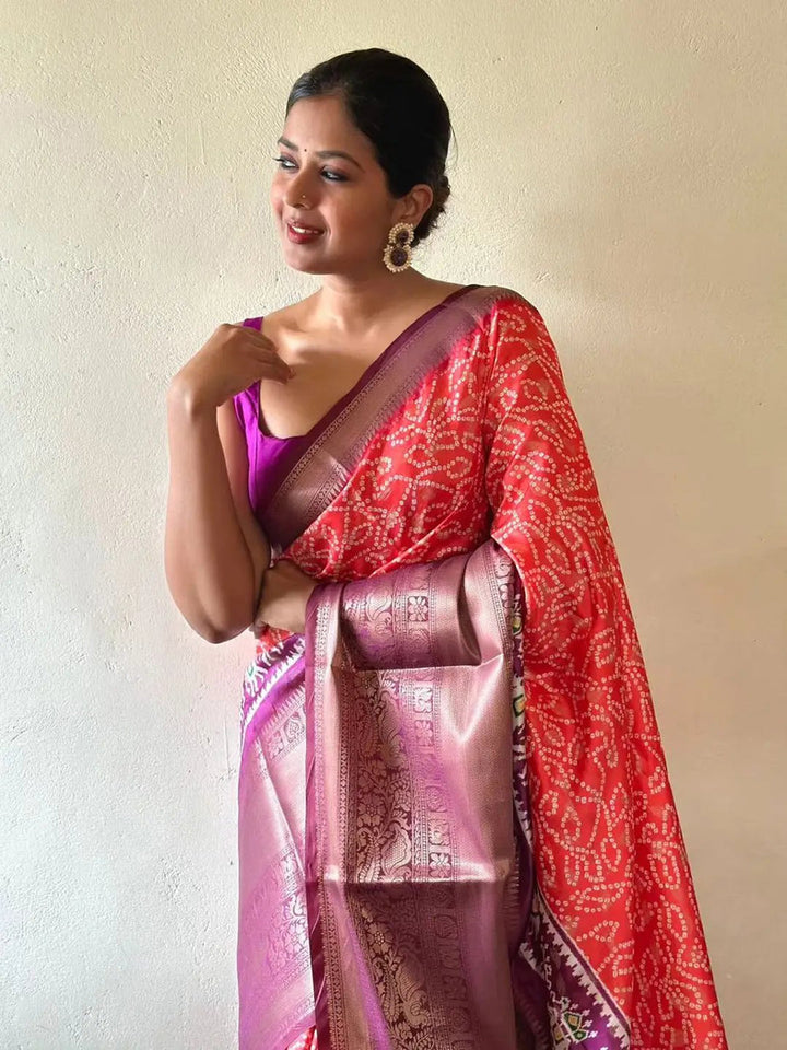 Red Bandhani Silk Saree with Contrast Purple Zari Pallu & Traditional Weaving