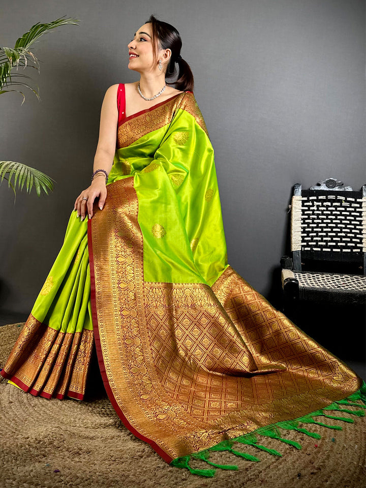 Lime Green Banarasi Silk Saree with Rich Golden Zari Border & Pallu