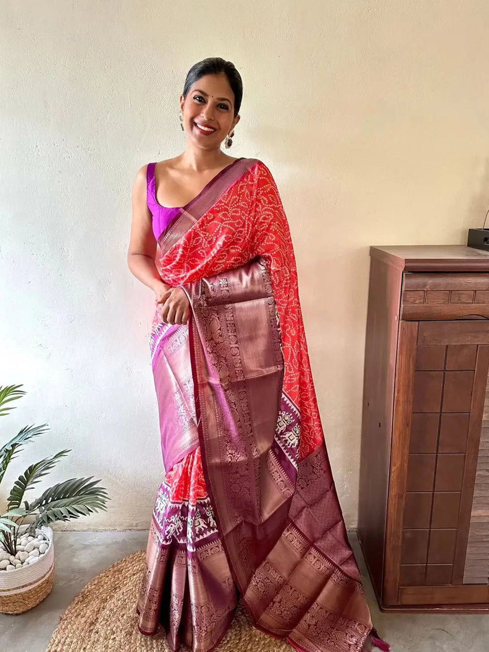 Red Bandhani Silk Saree with Contrast Purple Zari Pallu & Traditional Weaving