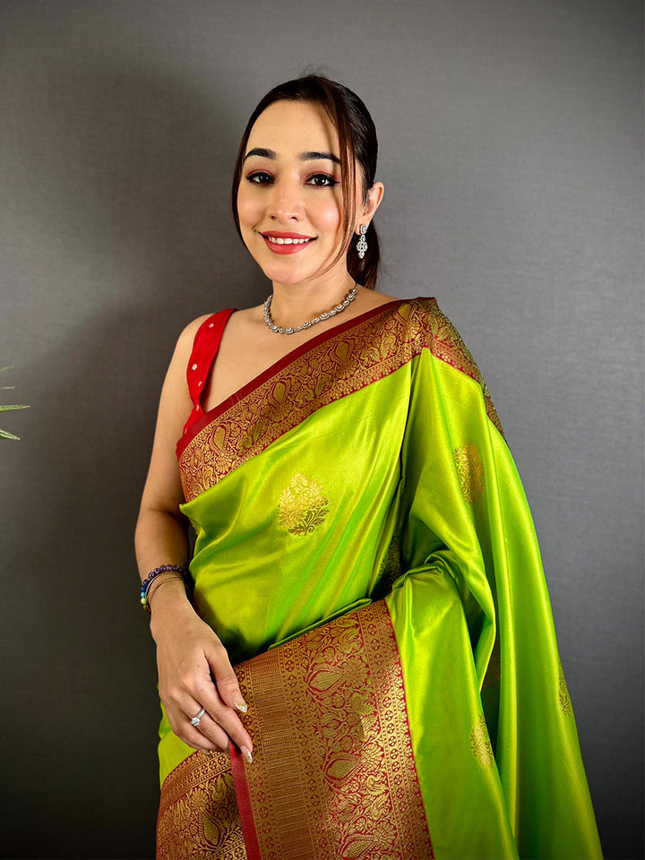 Lime Green Banarasi Silk Saree with Rich Golden Zari Border & Pallu