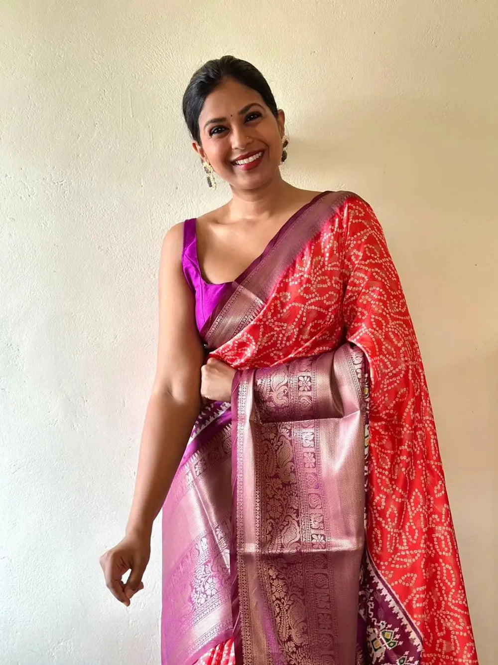 Red Bandhani Silk Saree with Contrast Purple Zari Pallu & Traditional Weaving