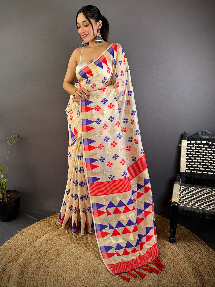 Cream Soft Cotton Saree with Multicolor Geometric Pallu & Floral Print