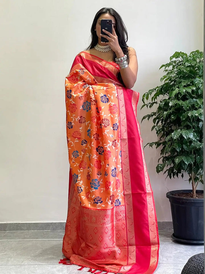 Orange Floral Silk Saree with Red Zari Border & Designer Pallu