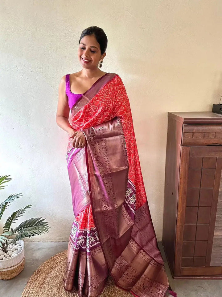 Red Bandhani Silk Saree with Contrast Purple Zari Pallu & Traditional Weaving