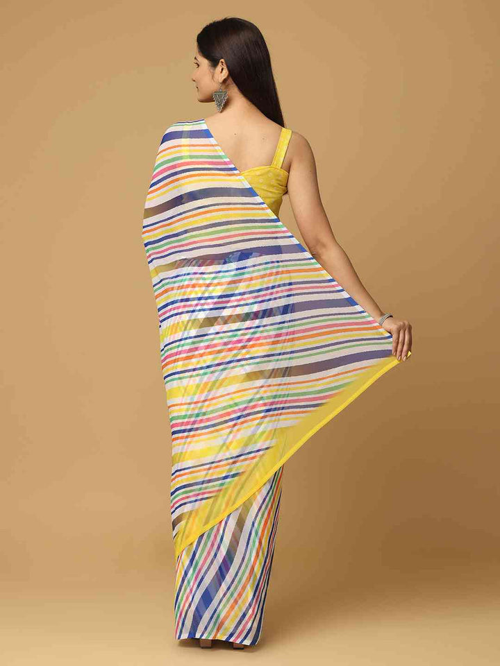 Multicolor Striped Printed Soft Georgette Saree with Yellow Border