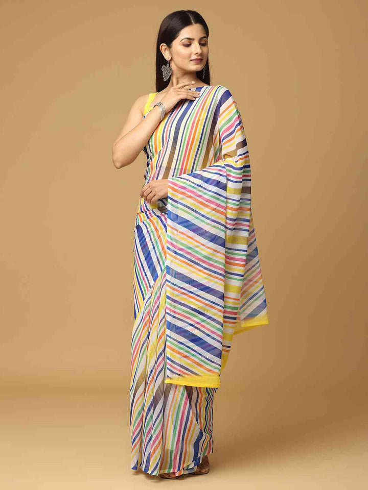 Multicolor Striped Printed Soft Georgette Saree with Yellow Border