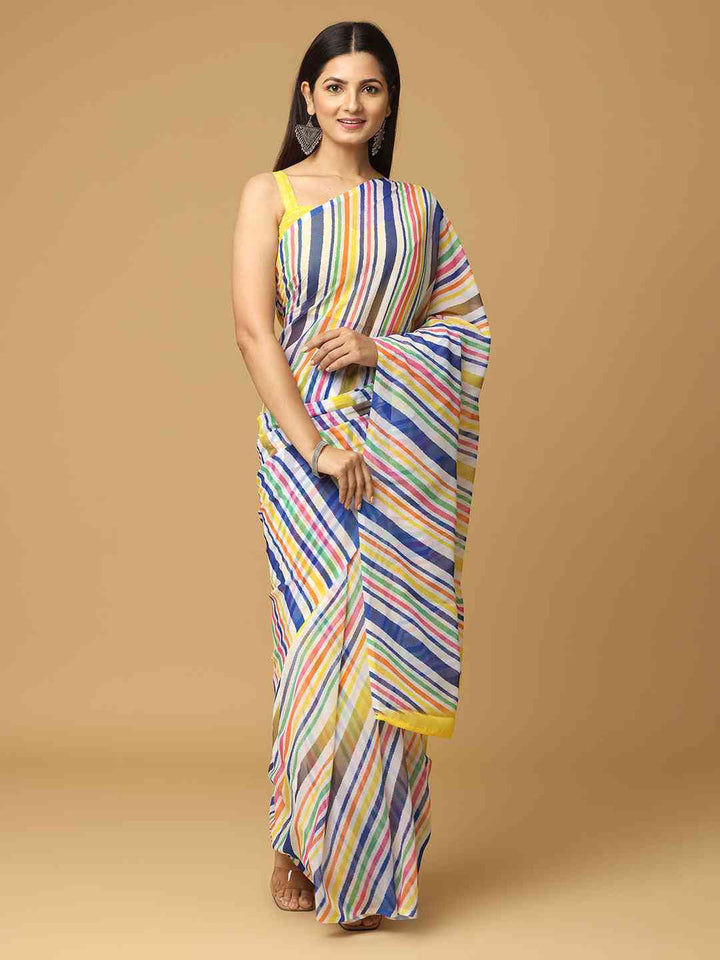 Multicolor Striped Printed Soft Georgette Saree with Yellow Border