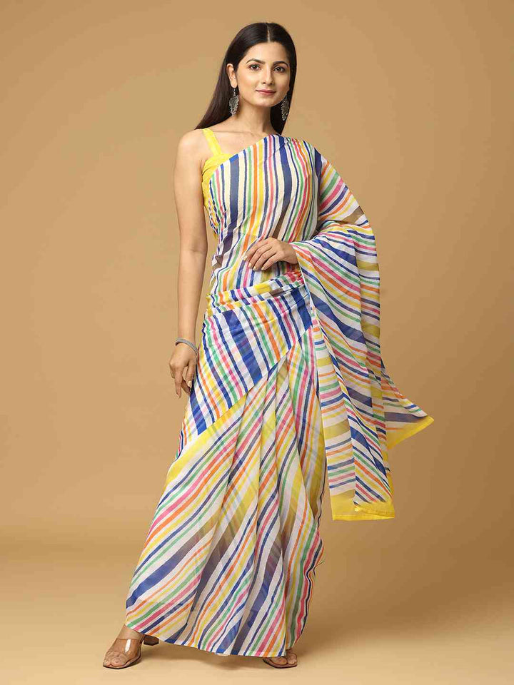 Multicolor Striped Printed Soft Georgette Saree with Yellow Border