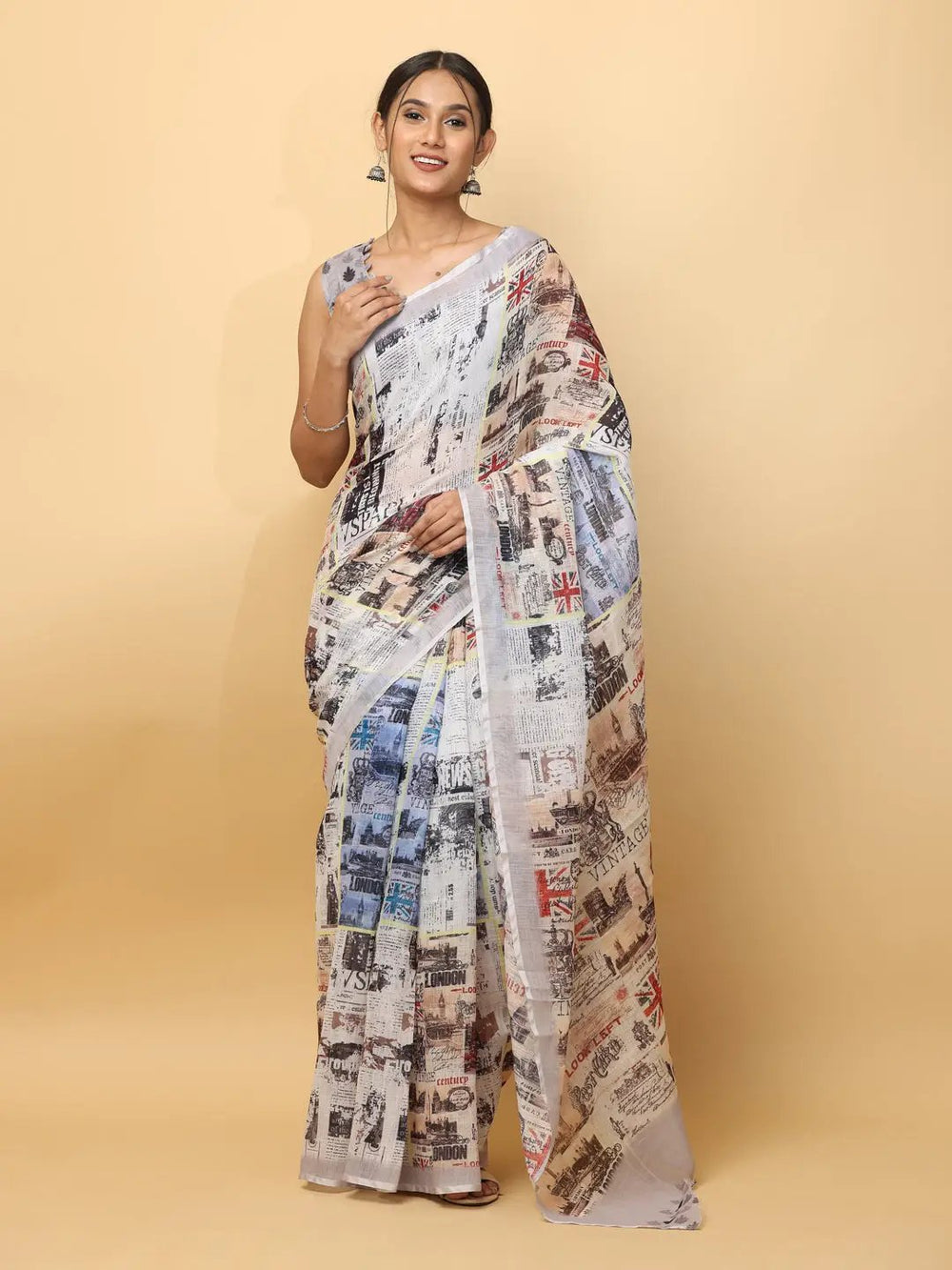 White Digital Print Linen Saree with London Newspaper Theme