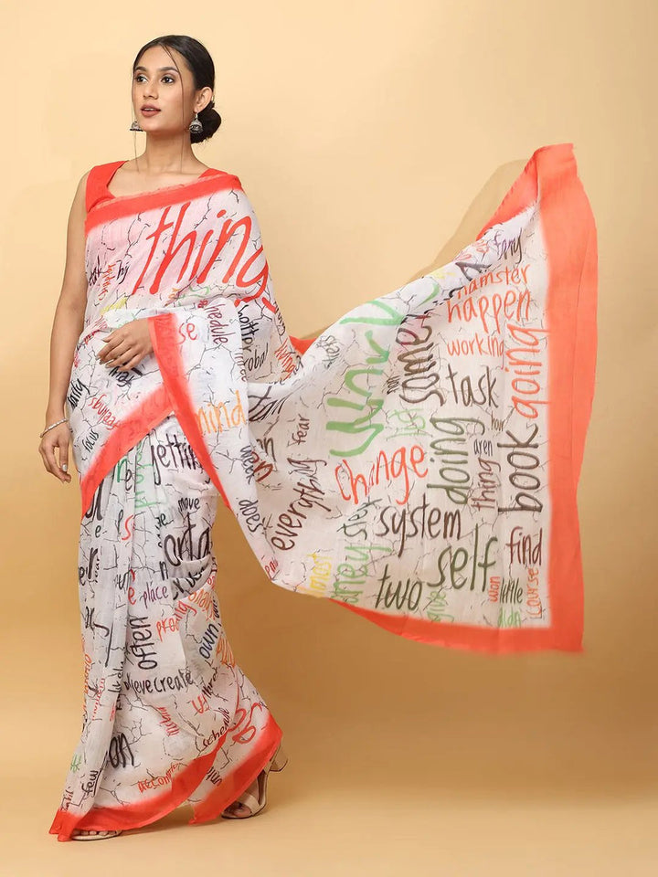 White Abstract Typography Printed Soft Linen Saree with Orange Border