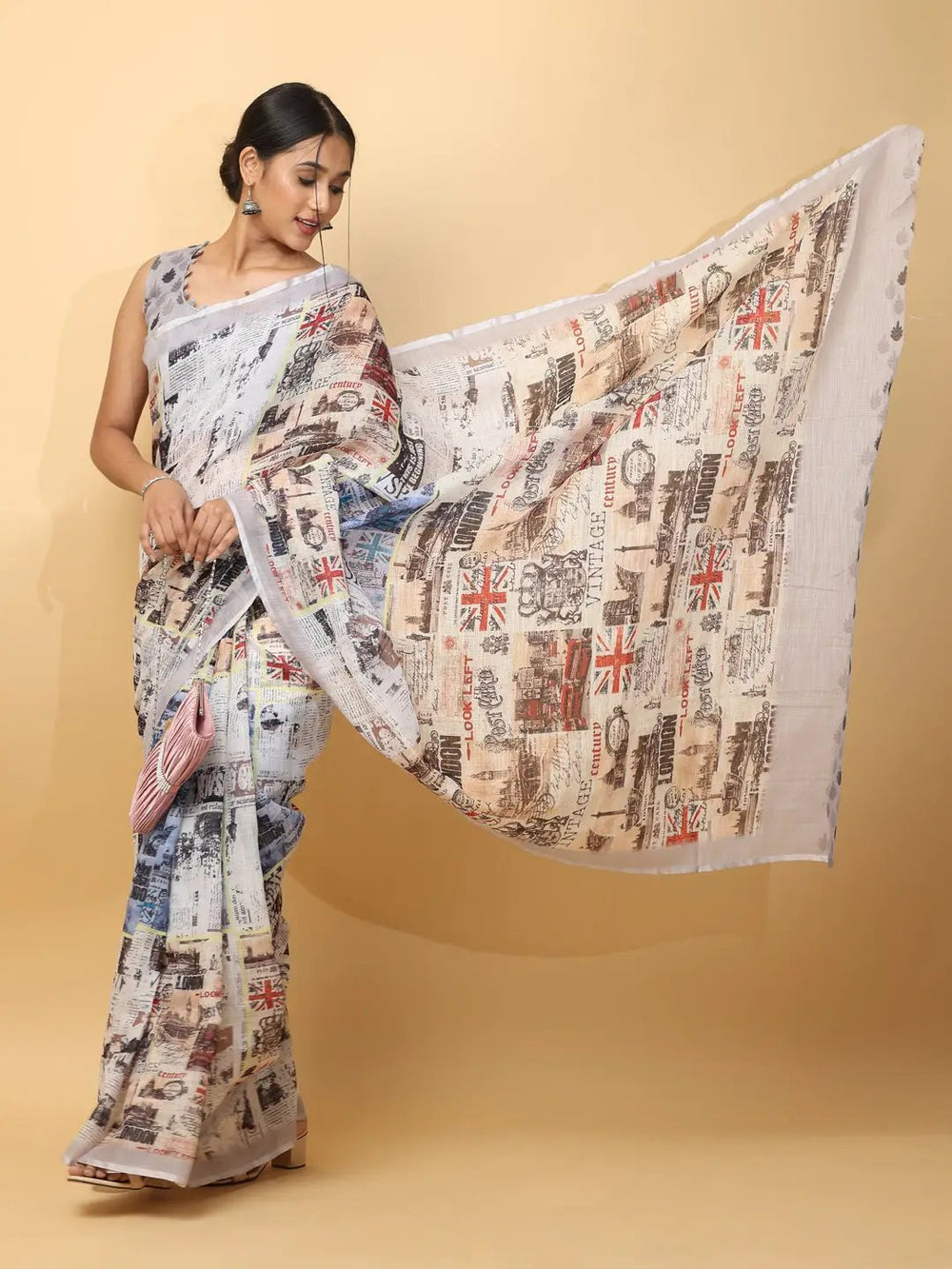 White Digital Print Linen Saree with London Newspaper Theme