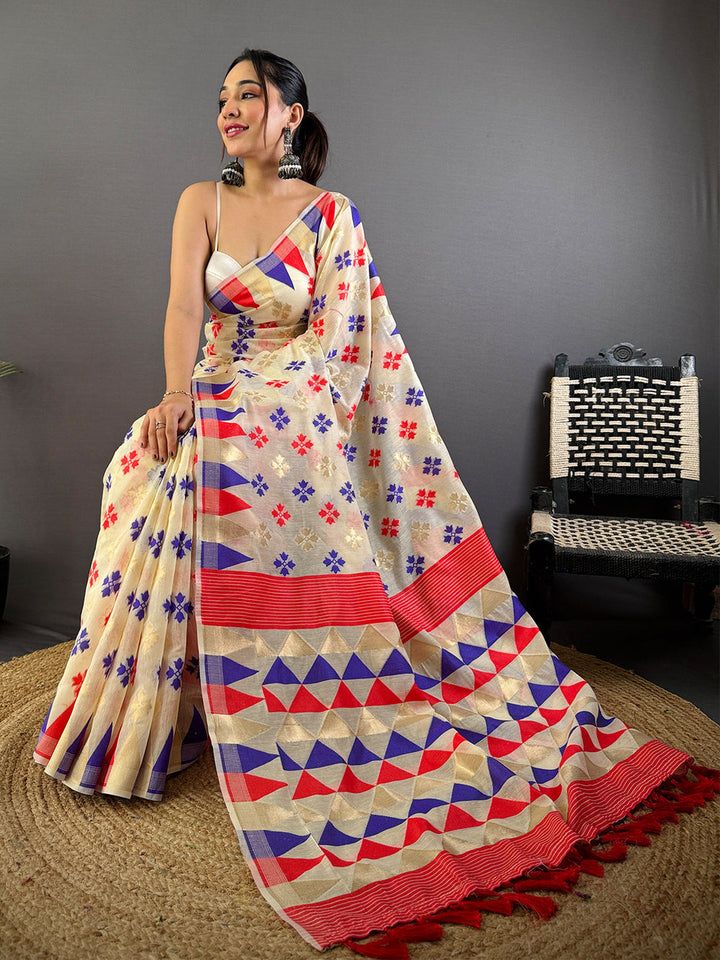 Cream Soft Cotton Saree with Multicolor Geometric Pallu & Floral Print