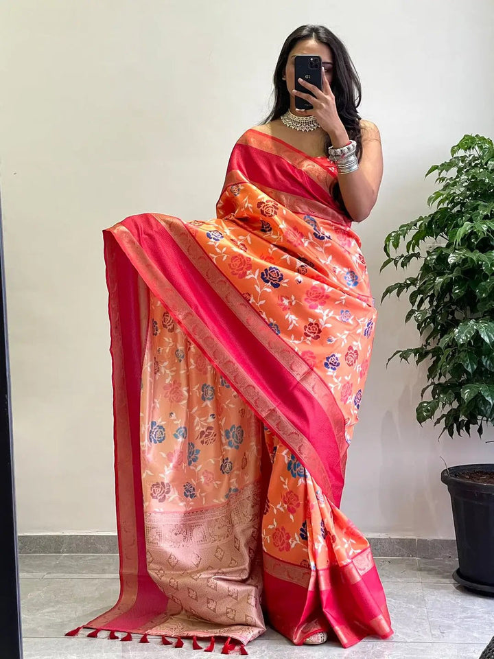 Orange Floral Silk Saree with Red Zari Border & Designer Pallu