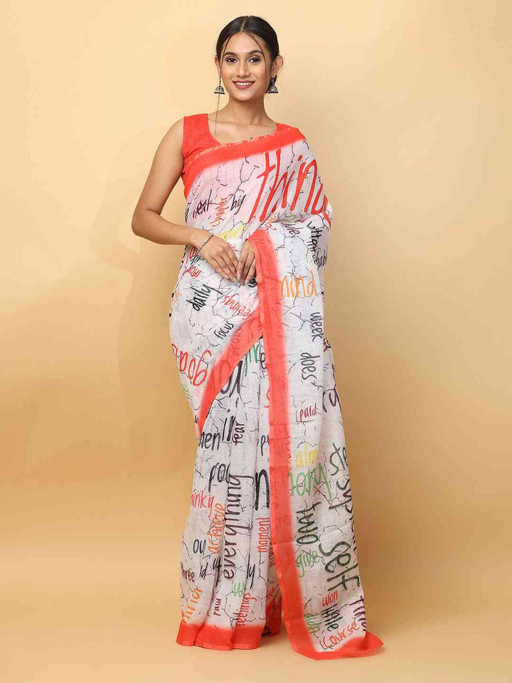 White Abstract Typography Printed Soft Linen Saree with Orange Border