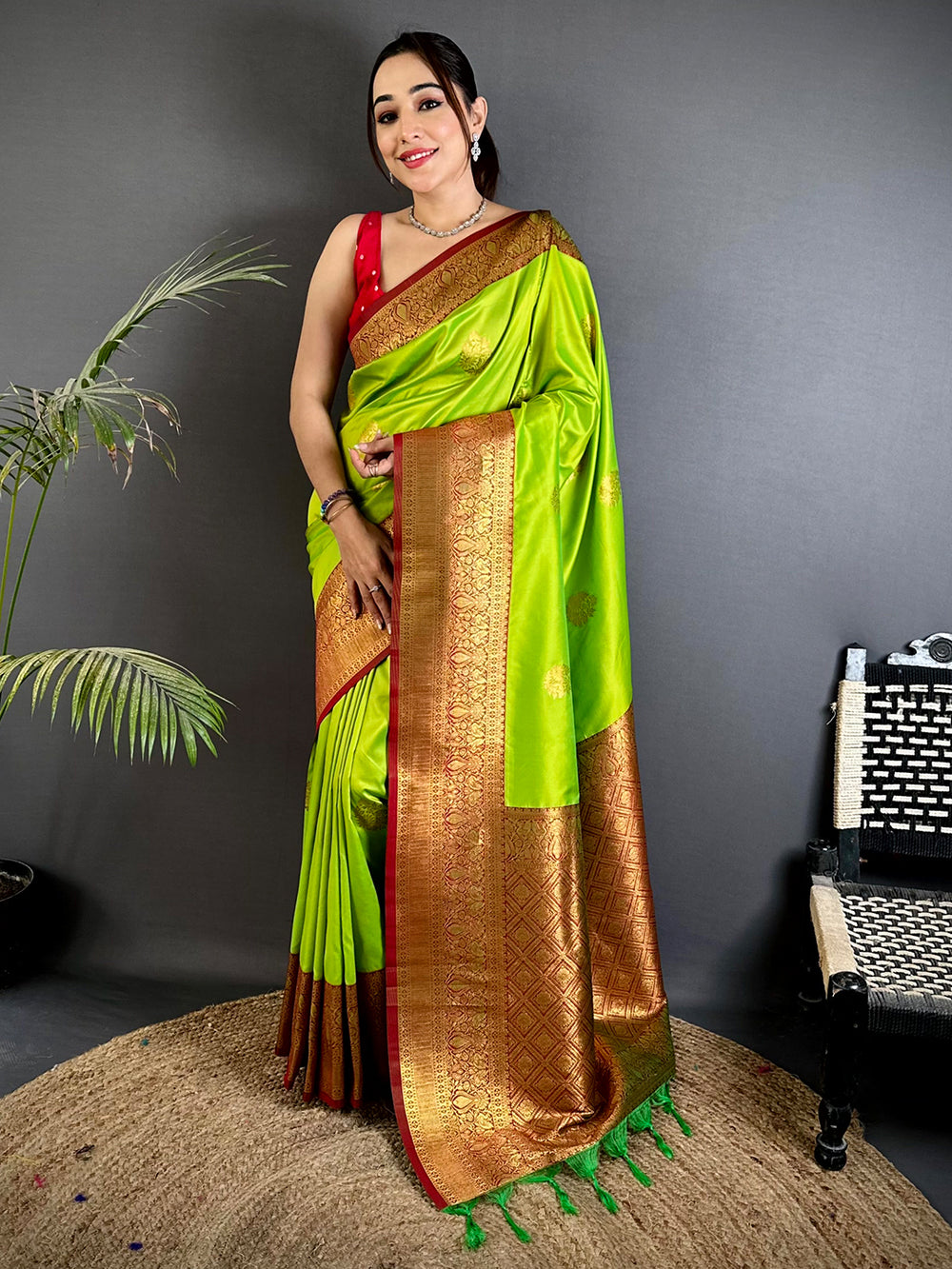 Lime Green Banarasi Silk Saree with Rich Golden Zari Border & Pallu