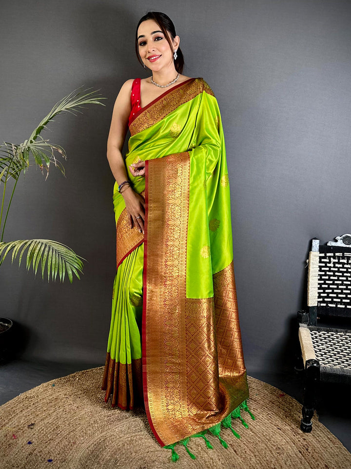Lime Green Banarasi Silk Saree with Rich Golden Zari Border & Pallu