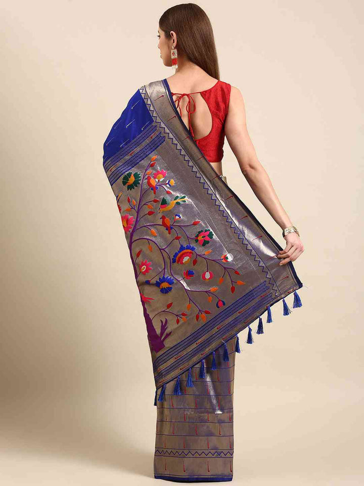 Royal Blue & Silver Woven Banarasi Silk Saree with Contrast Pallu and Floral Meenakari