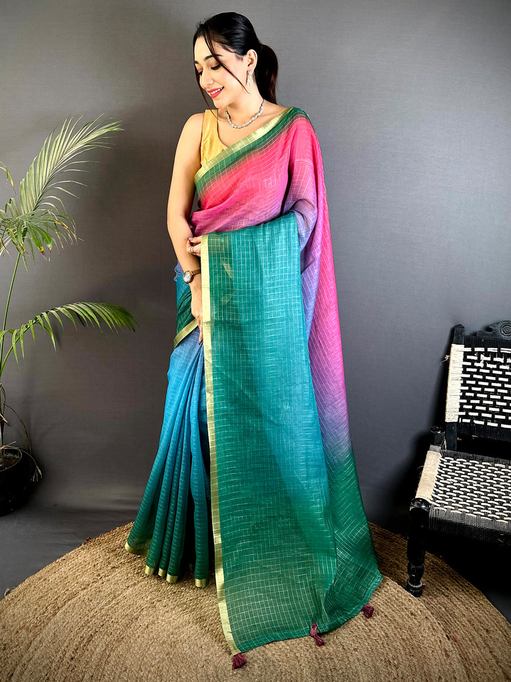 Multicolor Ombre Linen Silk Saree with Golden Border