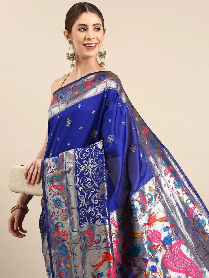 Royal Blue & Silver Woven Banarasi Silk Saree with Contrast Pallu and Floral Meenakari