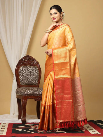 Golden Yellow & Rust Banarasi Silk Saree with Rich Zari Weaving
