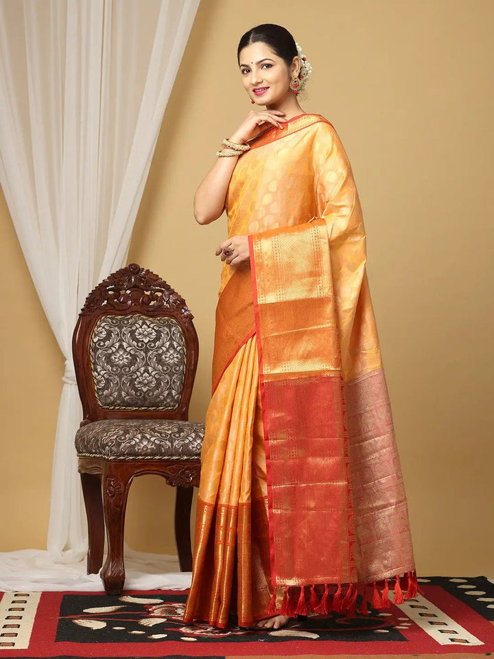 Golden Yellow & Rust Banarasi Silk Saree with Rich Zari Weaving