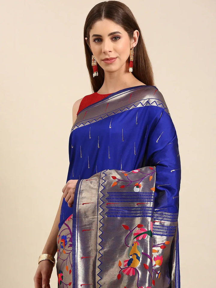 Royal Blue & Silver Woven Banarasi Silk Saree with Contrast Pallu and Floral Meenakari