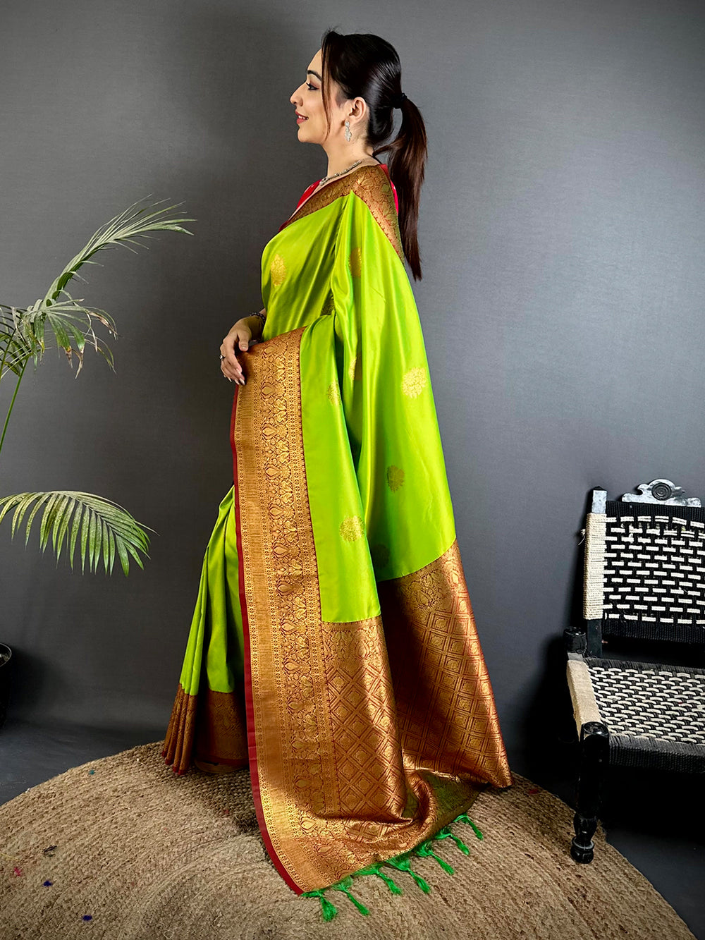 Lime Green Banarasi Silk Saree with Rich Golden Zari Border & Pallu