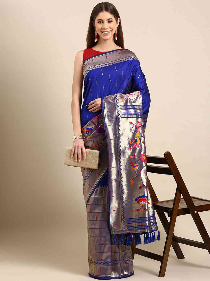 Royal Blue & Silver Woven Banarasi Silk Saree with Contrast Pallu and Floral Meenakari