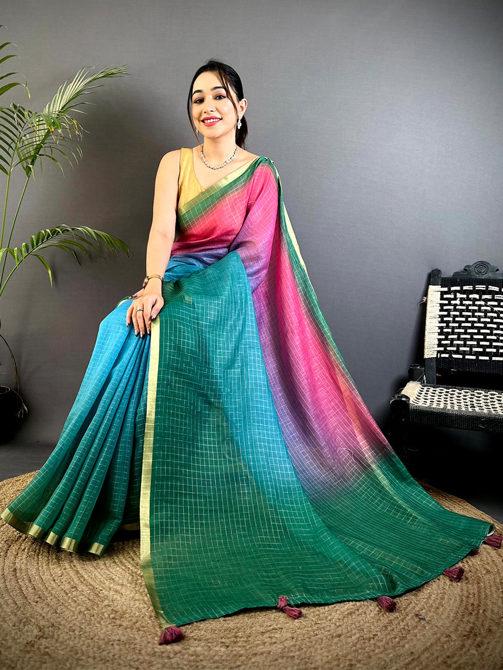 Multicolor Ombre Linen Silk Saree with Golden Border