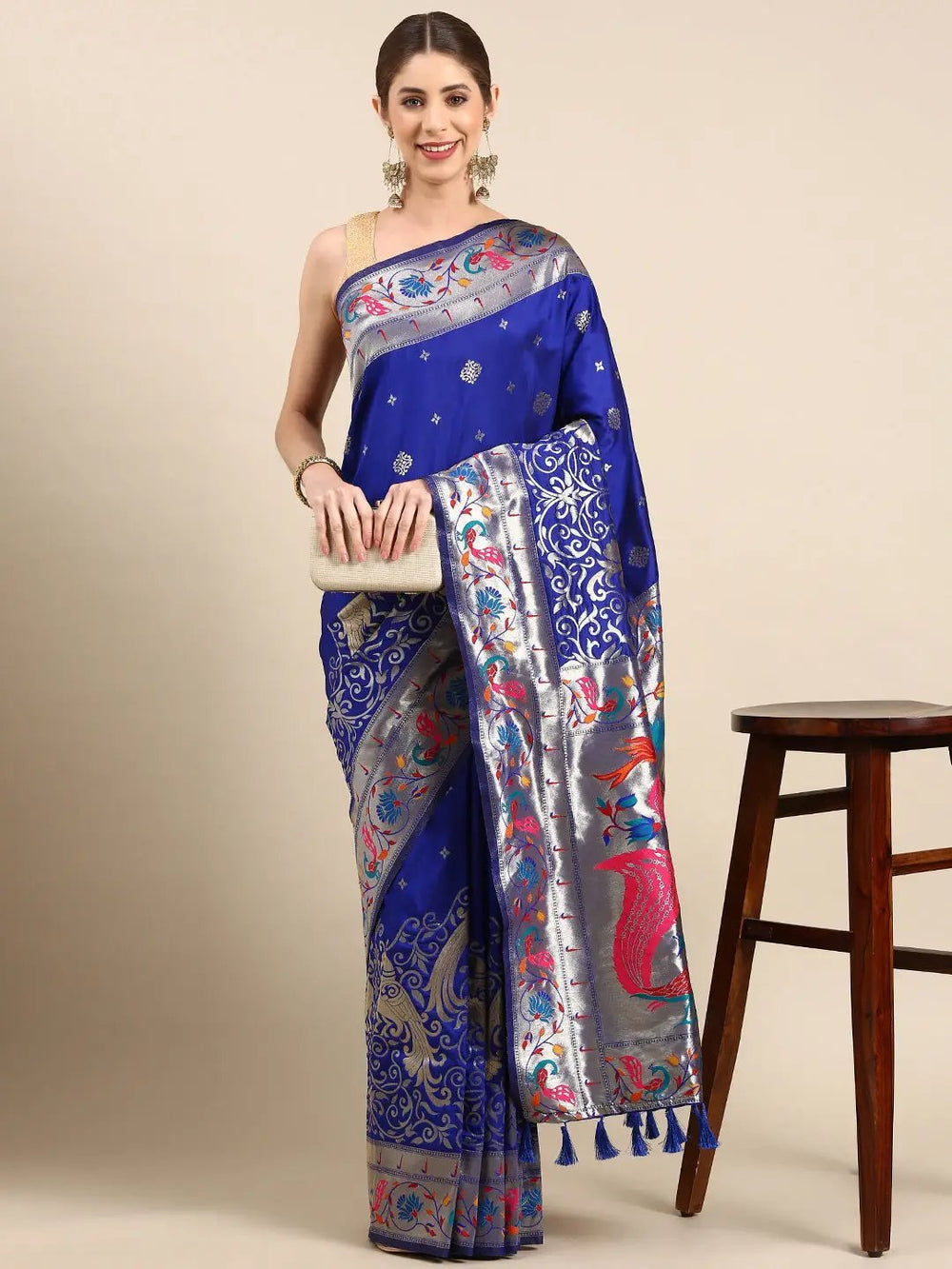 Royal Blue & Silver Woven Banarasi Silk Saree with Contrast Pallu and Floral Meenakari