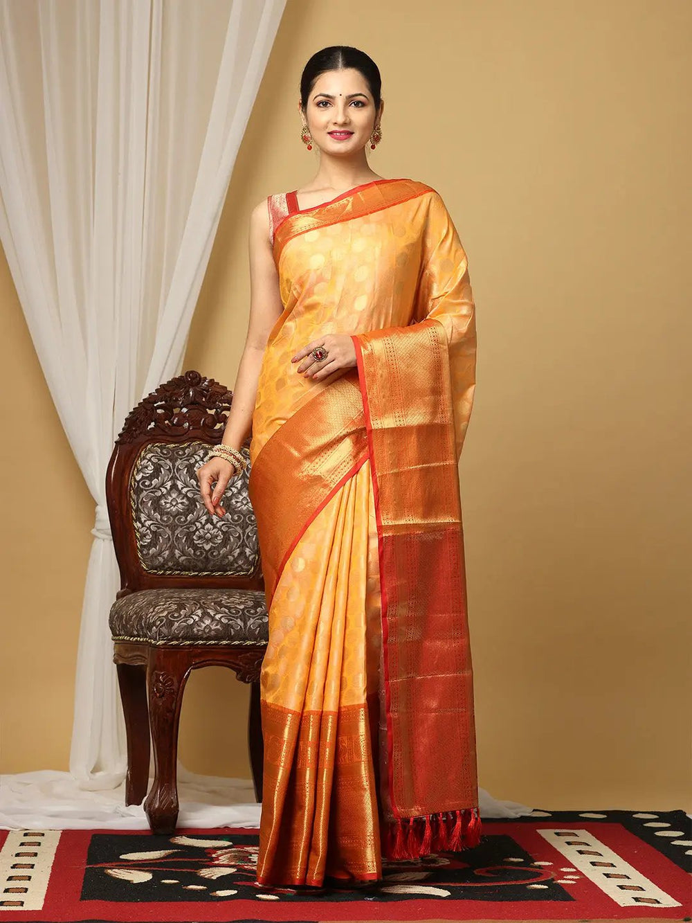 Golden Yellow & Rust Banarasi Silk Saree with Rich Zari Weaving