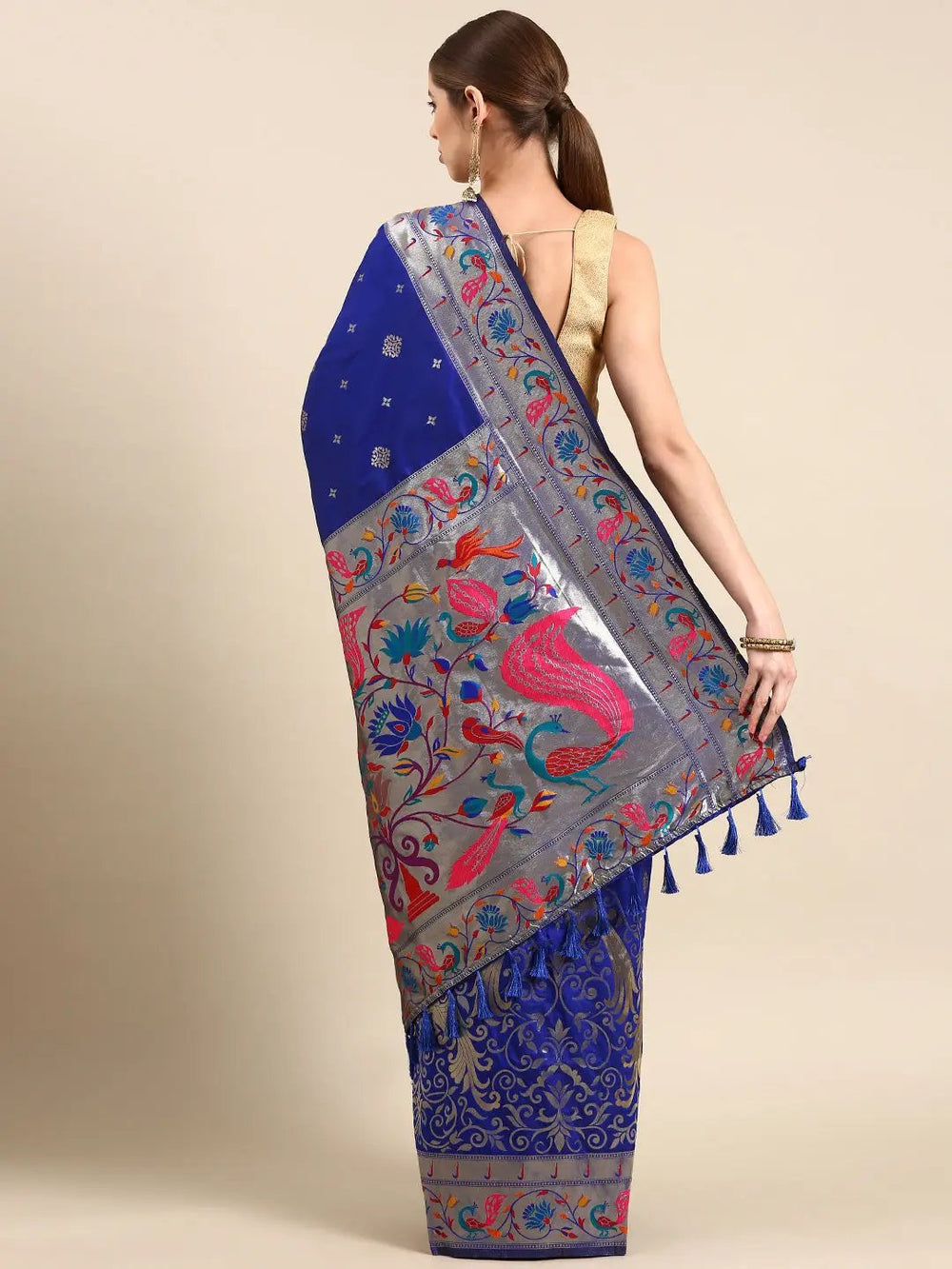Royal Blue & Silver Woven Banarasi Silk Saree with Contrast Pallu and Floral Meenakari
