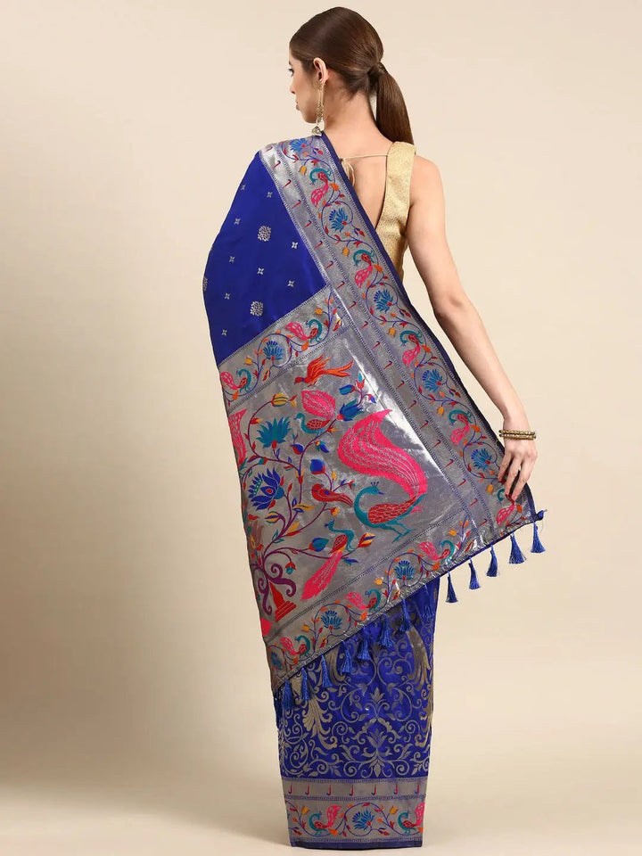 Royal Blue & Silver Woven Banarasi Silk Saree with Contrast Pallu and Floral Meenakari