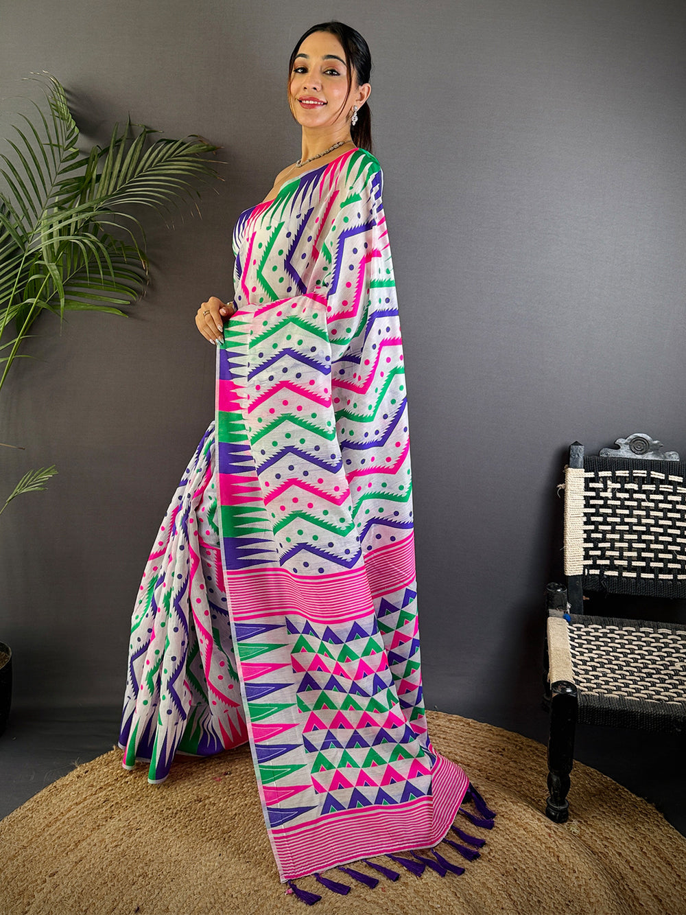 Multicolor Geometric Printed Soft Cotton Saree with Tassel Pallu