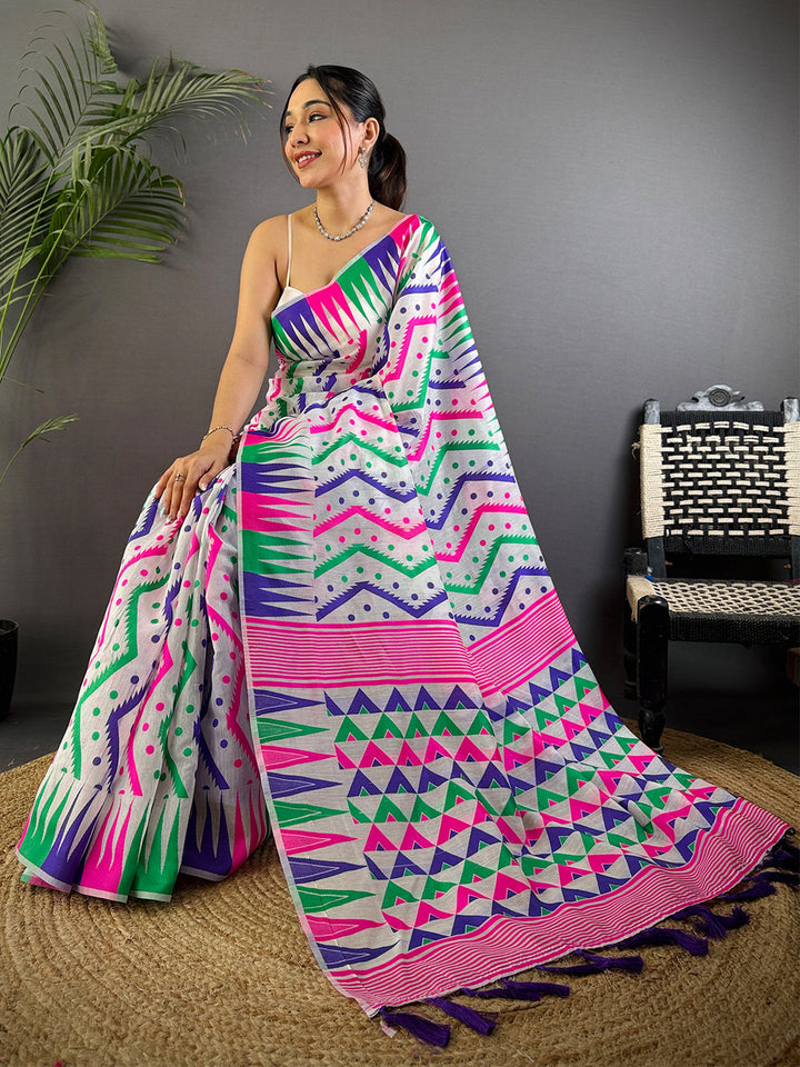 Multicolor Geometric Printed Soft Cotton Saree with Tassel Pallu