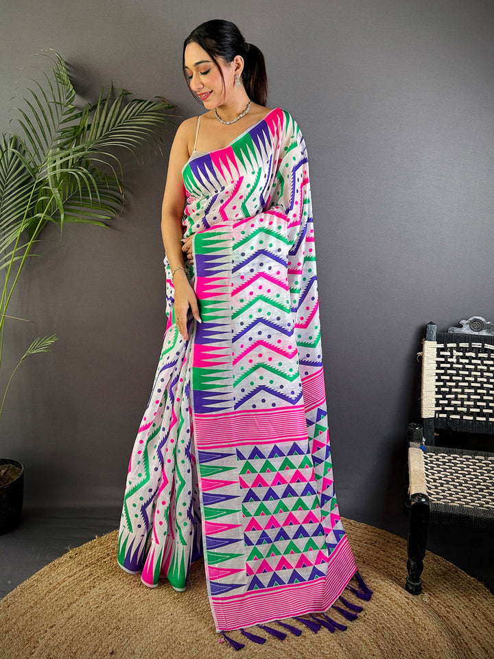 Multicolor Geometric Printed Soft Cotton Saree with Tassel Pallu