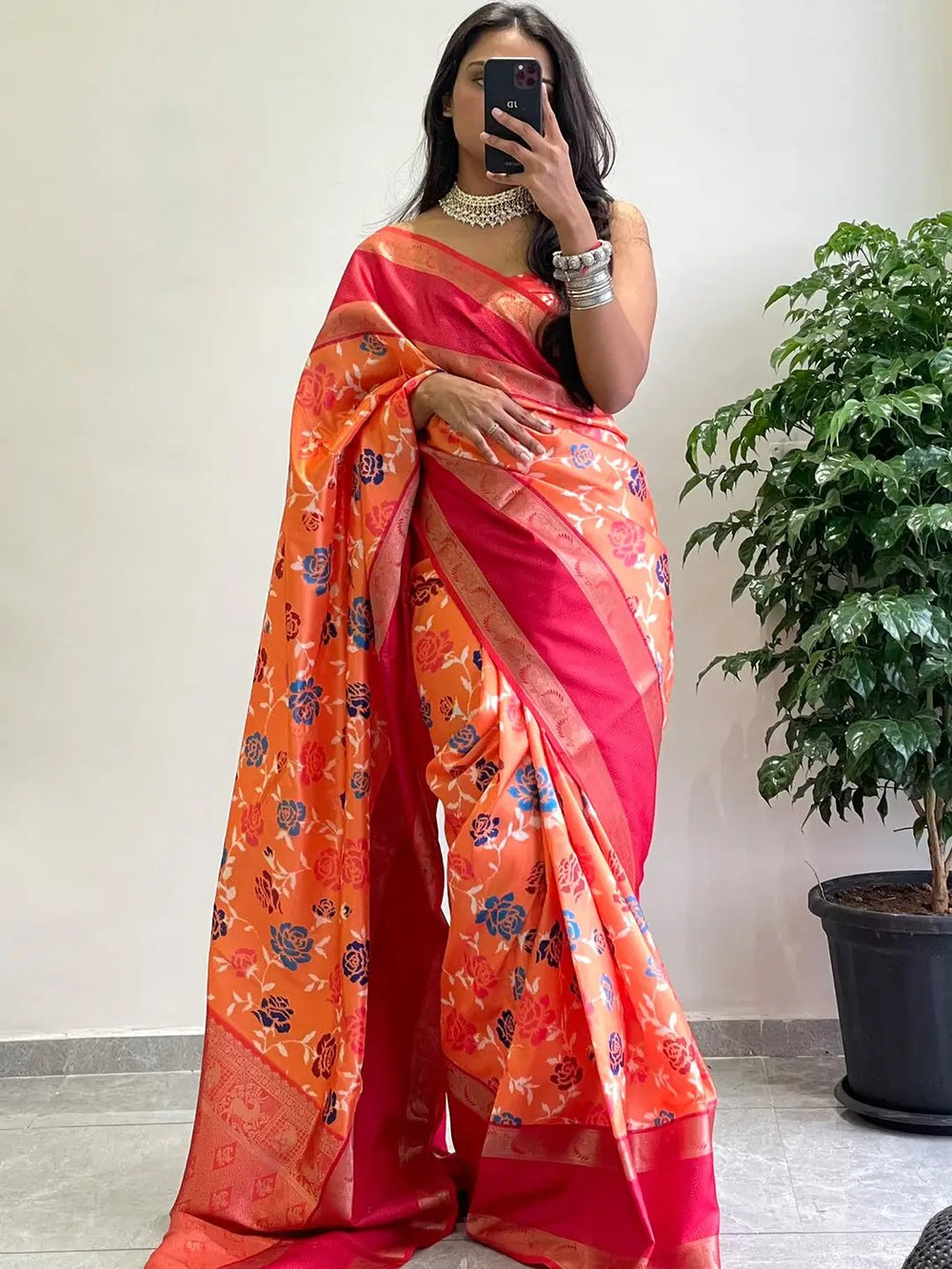 Orange Floral Silk Saree with Red Zari Border & Designer Pallu