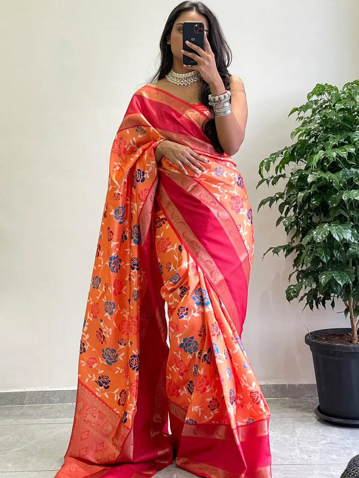 Orange Floral Silk Saree with Red Zari Border & Designer Pallu