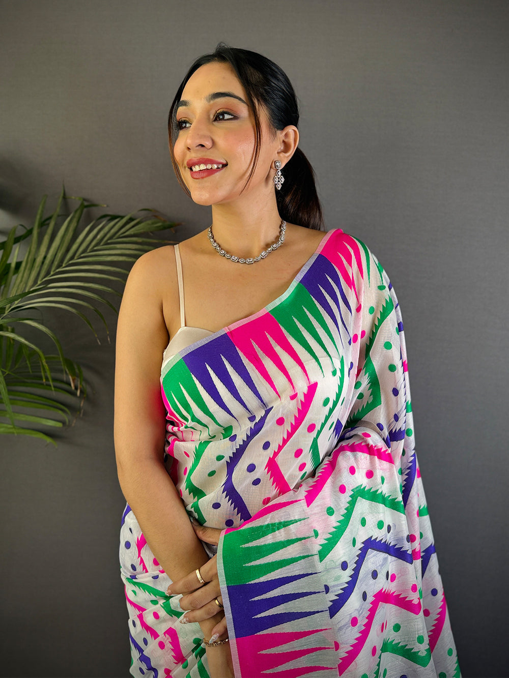 Multicolor Geometric Printed Soft Cotton Saree with Tassel Pallu
