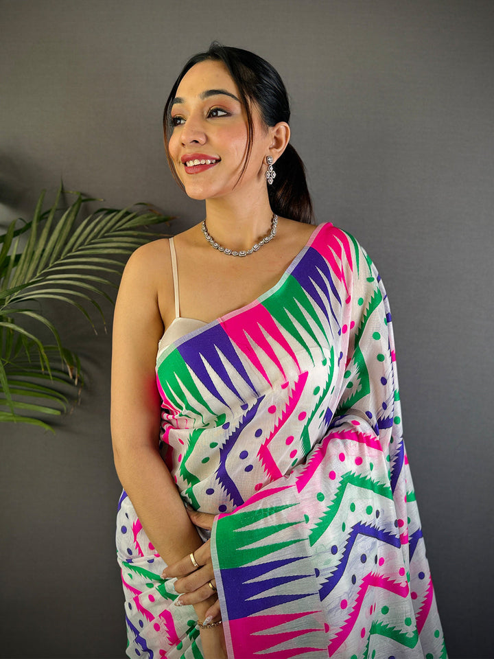 Multicolor Geometric Printed Soft Cotton Saree with Tassel Pallu