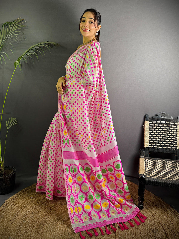Pink Multicolor Polka Dot Printed Soft Cotton Saree with Tassel Pallu