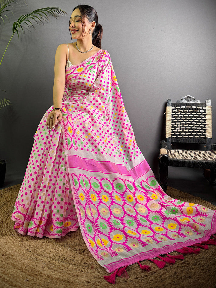 Pink Multicolor Polka Dot Printed Soft Cotton Saree with Tassel Pallu