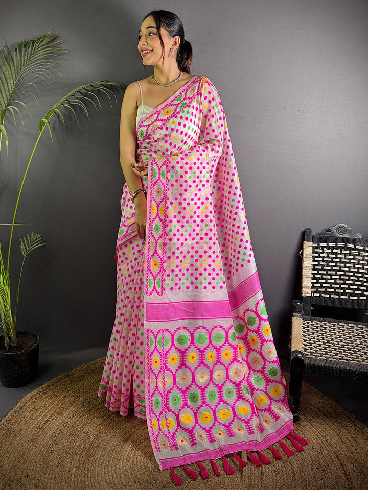 Pink Multicolor Polka Dot Printed Soft Cotton Saree with Tassel Pallu