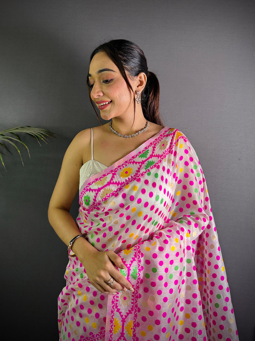 Pink Multicolor Polka Dot Printed Soft Cotton Saree with Tassel Pallu