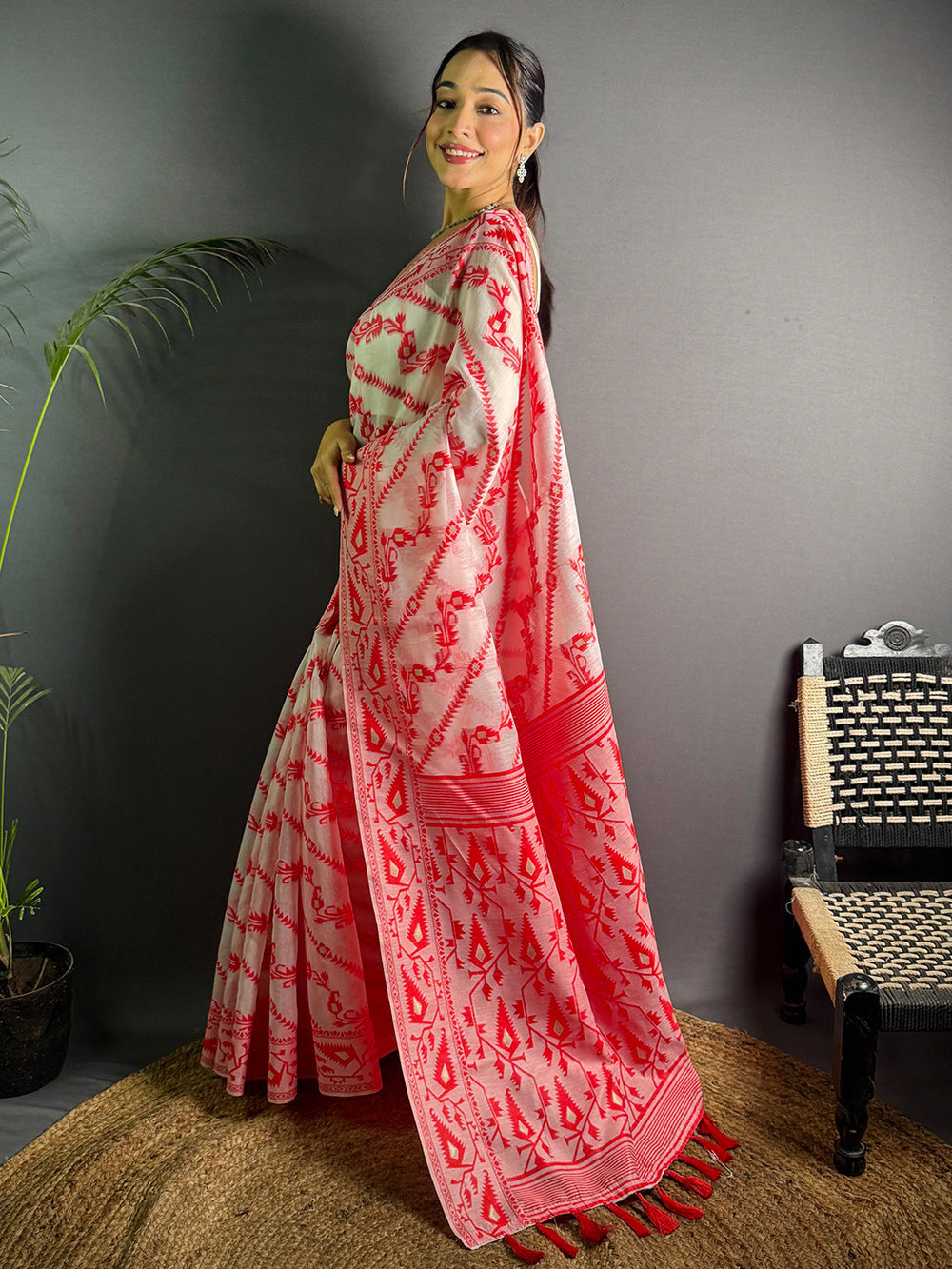 Elegant White & Red Printed Soft Cotton Saree with Tassel Border