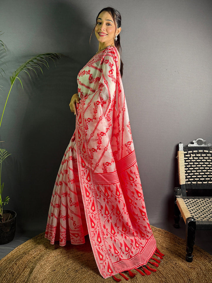 Elegant White & Red Printed Soft Cotton Saree with Tassel Border