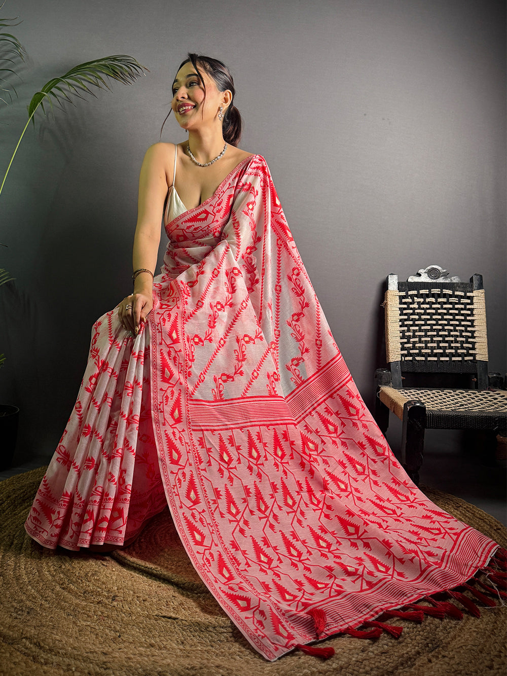 Elegant White & Red Printed Soft Cotton Saree with Tassel Border