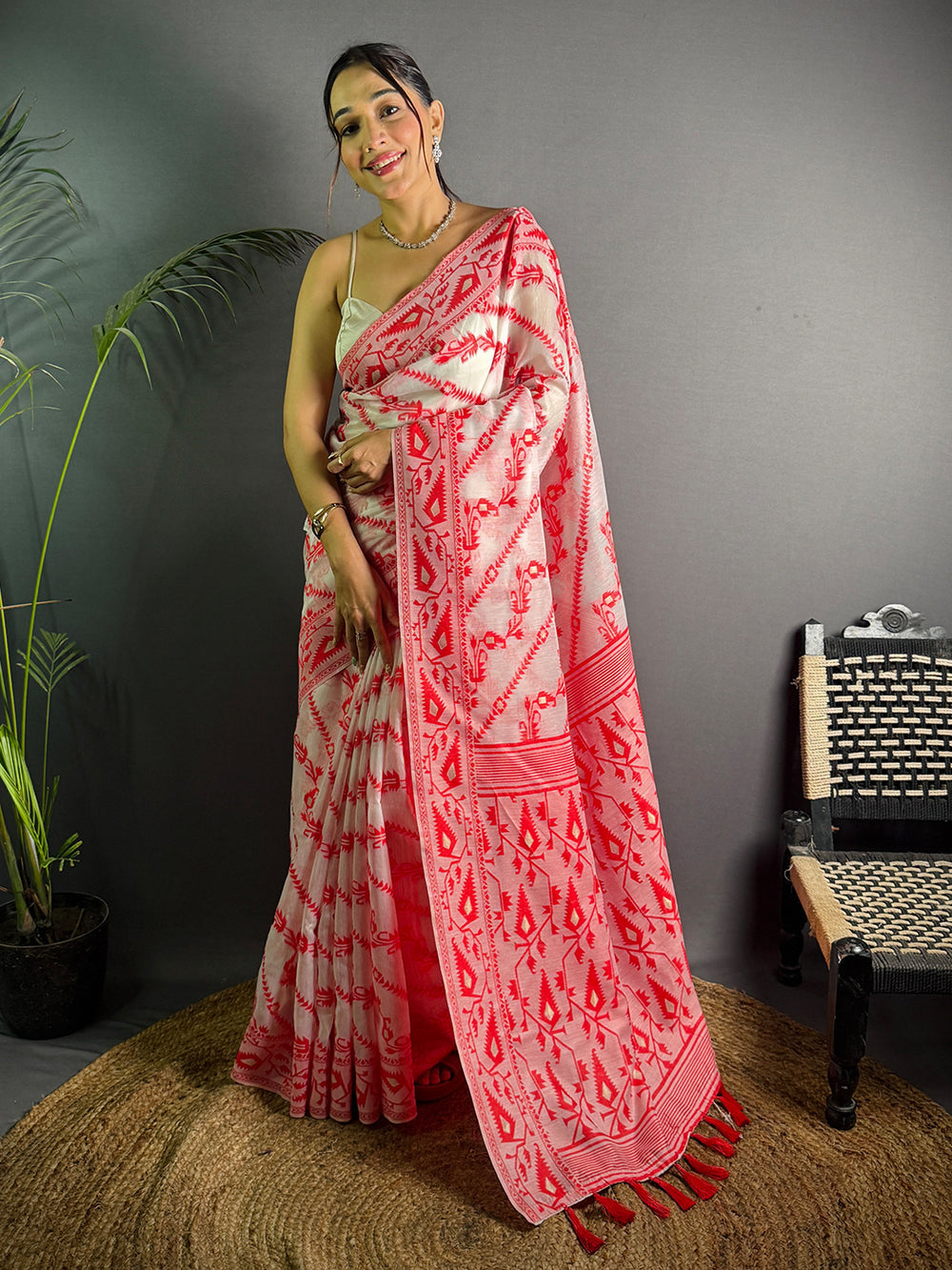Elegant White & Red Printed Soft Cotton Saree with Tassel Border