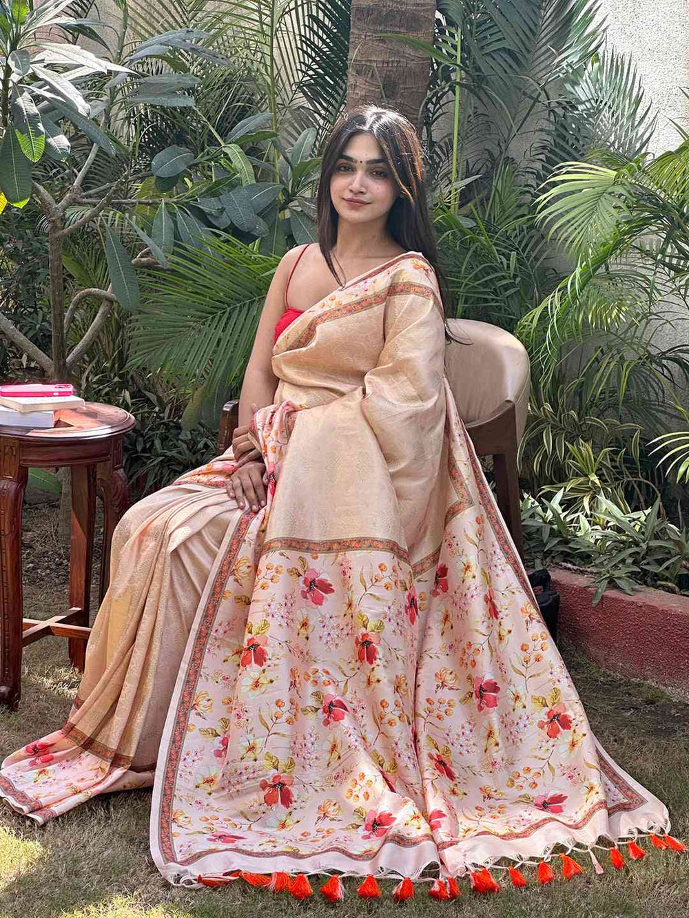 Peach Floral Printed Soft Silk Saree with Woven Gold Border